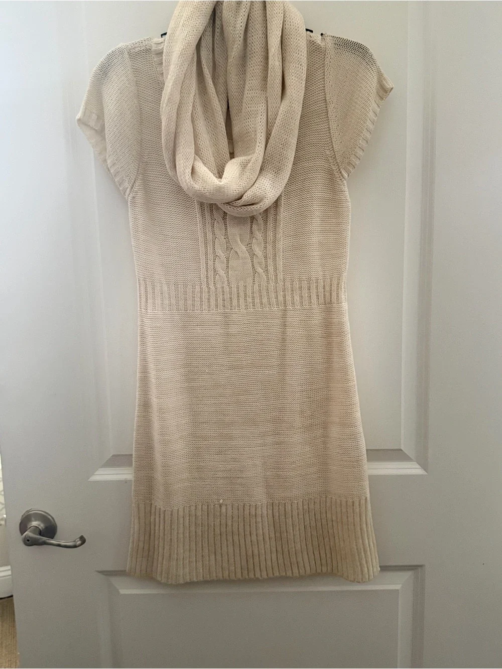 Cream Knit Sweater Dress with Infinity Scarf